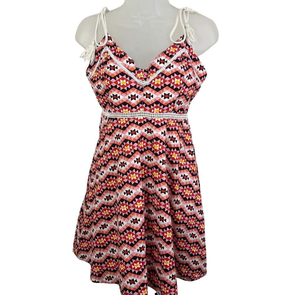 Rhythm Geometric Mini Dress Womens M Tie Shoulder Crochet Trim Boho Pink